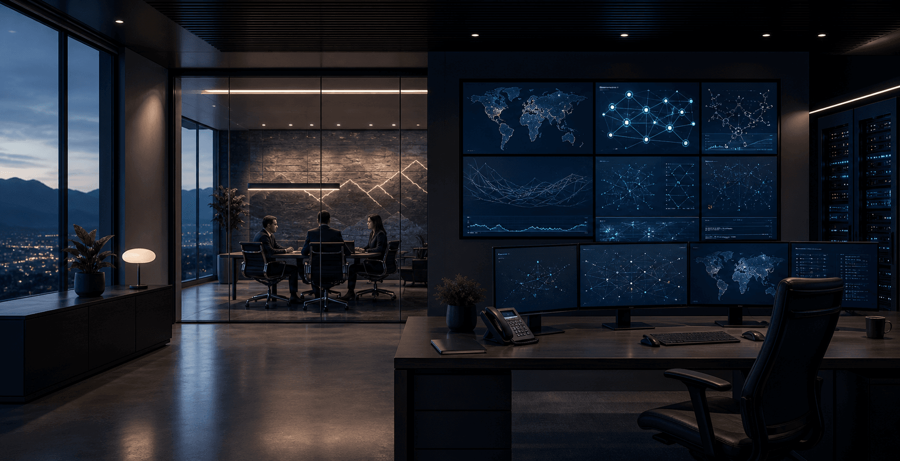 Executive technology operations environment with secure infrastructure visibility and an executive briefing area
