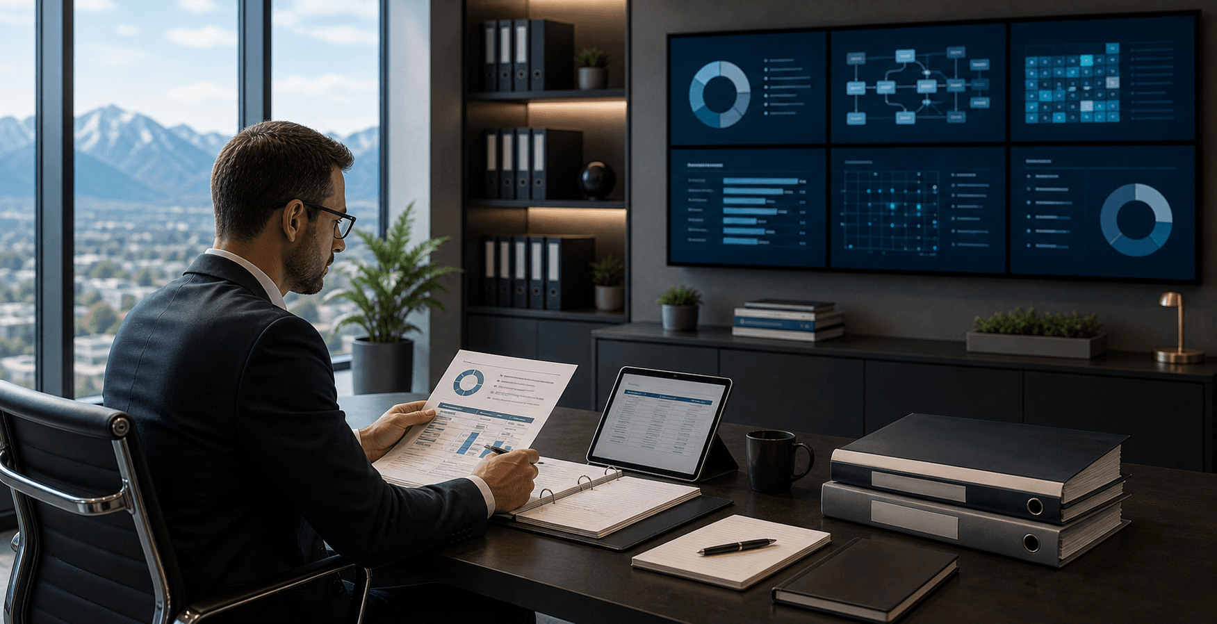 Executive reporting workspace with governance dashboards and organized compliance evidence