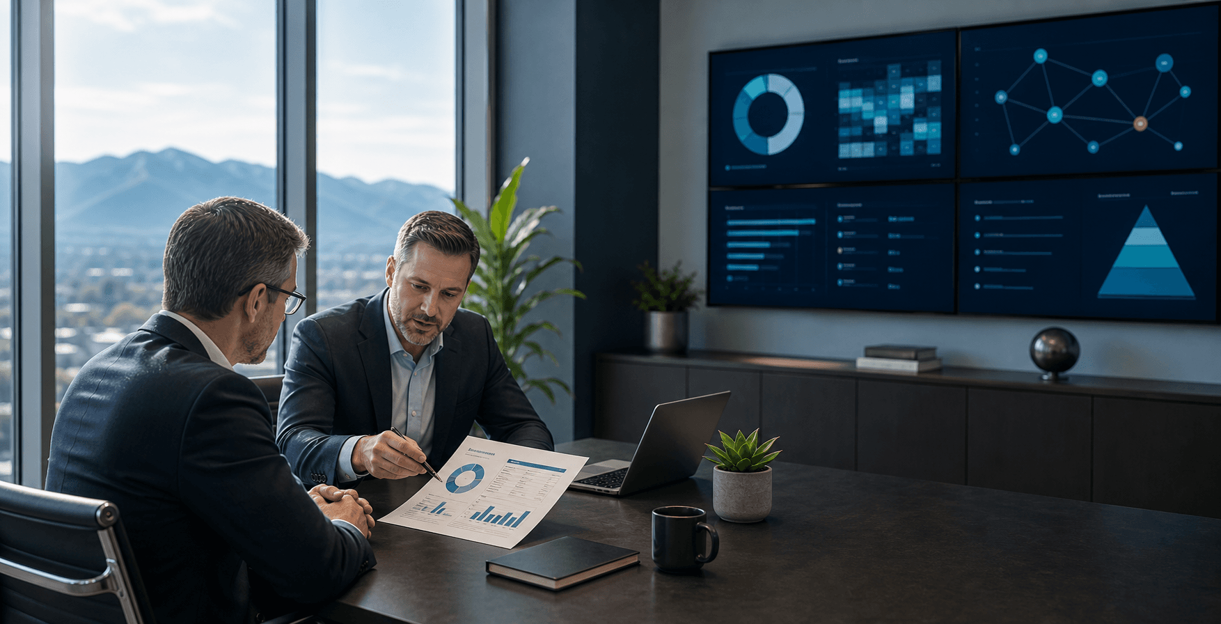 Technology advisor reviewing a cybersecurity risk assessment with a business leader