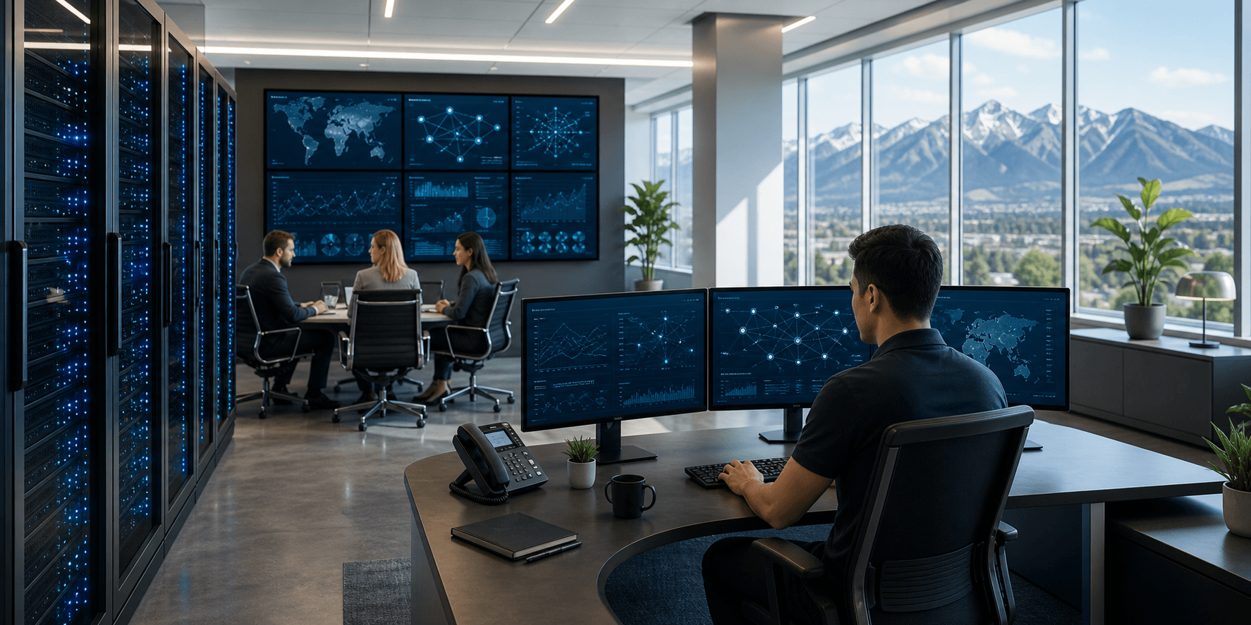 Organized technology operations environment with infrastructure monitoring and secure systems oversight